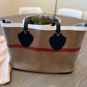 Burberry Tan Canvas Tote with Red Stripe and Black Trim